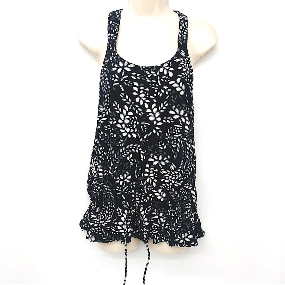 Express Black Flower Print Racerback Tank Top Back Accent Macrame Lace inset